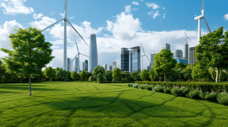 A vibrant green park featuring wind turbines and a modern city skyline. The scene embodies sustainability with lush grass, tall trees, and a clear blue sky.の素材