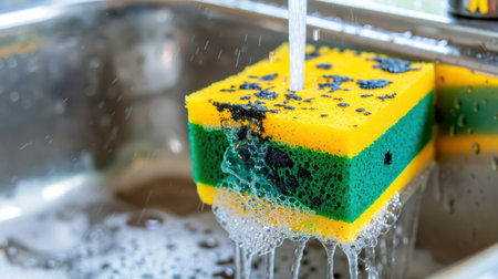 A vibrant kitchen sponge sits under a stream of water, creating bubbles as it cleans dishes in a stainless steel sink, showcasing the importance of household hygiene.の素材