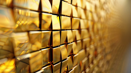 This mesmerizing golden geometric pattern features shiny facets and reflections, creating an elegant backdrop perfect for design, art, and creative projects.の素材