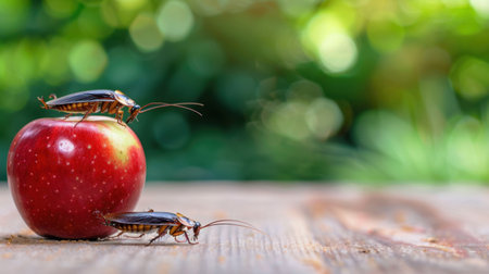 Two cockroaches crawl on a shiny red apple set against a beautifully blurred green background, showcasing the contrast between nature and pests.の素材