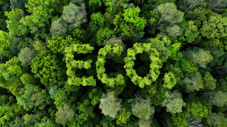 This stunning aerial image captures a vibrant green forest where the word "Eco" is artistically formed from lush tree foliage, symbolizing nature's beauty and environmental awareness.の素材