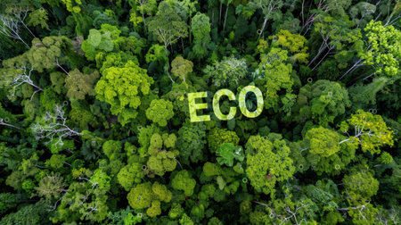 This aerial image showcases a vibrant green forest, highlighting the natural beauty and importance of environmental conservation. The eco-friendly message emphasizes the need to protect our valuable landscapes.の素材