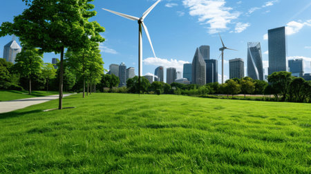 A vibrant urban landscape showcasing a lush green field, large wind turbines, and modern skyscrapers against a clear blue sky, symbolizing sustainability.の素材