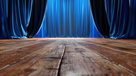 A captivating scene of an empty stage featuring rich blue curtains and a polished wooden floor, perfect for showcasing performances or theater productions.の素材