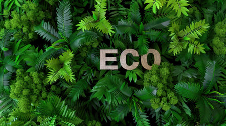 Lush green foliage surrounds a wooden "ECO" sign, symbolizing sustainability and nature. This vibrant scene embodies a commitment to environmental awareness and ecology.の素材