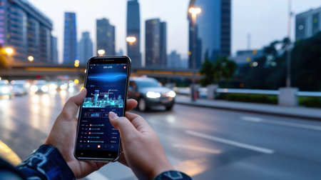 A vibrant urban night scene featuring a person holding a smartphone while navigating the streets. The soft glow of buildings and traffic lights creates a dynamic cityscape.の素材