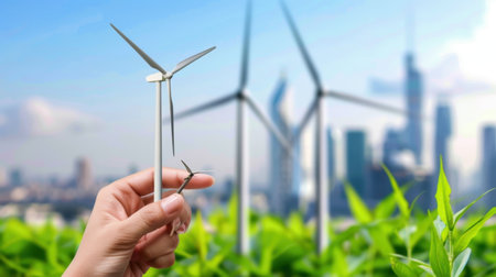A hand holds a miniature wind turbine model against a vibrant urban skyline, symbolizing renewable energy and a sustainable future amidst lush greenery.の素材