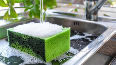 A vibrant green dish sponge rests in a kitchen sink, surrounded by bubbles and fresh water, showcasing its cleaning capability in a modern household setting.の素材