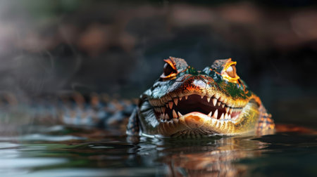 This close-up image captures an alligator swimming gracefully in calm water, showcasing its sharp teeth and intense eyes in stunning detail.の素材