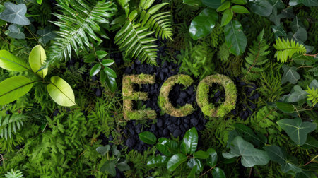 This image showcases a natural arrangement of green plants and moss forming the word "ECO" on a bed of black stones. It symbolizes sustainability and the beauty of nature.の素材