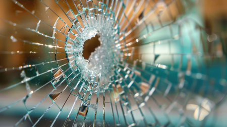 This striking close-up image showcases shattered glass with intricate cracks radiating from a clear hole. Ideal for themes relating to crime, security, or accidents.の素材