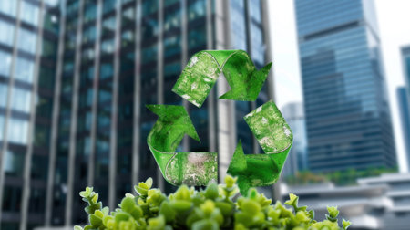 A vibrant green recycling symbol hovers above a lush plant with urban high-rises in the background, representing the importance of sustainability and environmental care.の素材