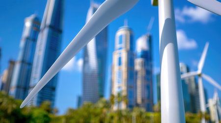 A striking wind turbine stands prominently against a backdrop of modern skyscrapers and a clear blue sky, highlighting the synergy between urban development and sustainable energy.の素材