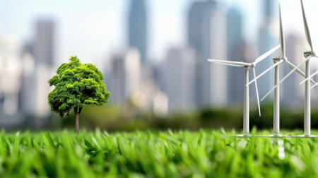 A vibrant green tree stands in the foreground with wind turbines beside it, set against a blurred modern city skyline, illustrating a vision of sustainability.の素材