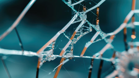 This image captures a close-up view of shattered glass, displaying intricate patterns and jagged edges against a soft blue background, evoking beauty and fragility.の素材