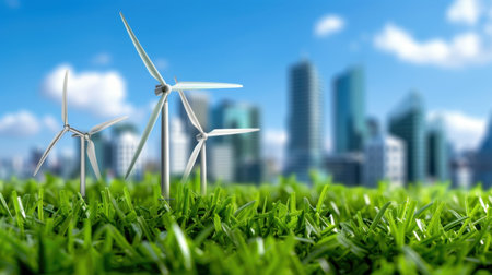 This image showcases wind turbines in a green grass field with a vibrant modern city skyline in the background under a clear blue sky, symbolizing future energy.の素材