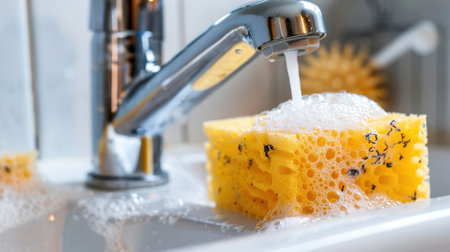 A vibrant close-up of a yellow sponge covered in bubbles resting in a kitchen sink beneath a shining faucet. The scene highlights cleanliness and everyday life, perfect for housekeeping themes.の素材