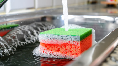 A vibrant cleaning sponge sits in a sink while water flows over it, creating a bubbly foam. This image captures the essence of home cleaning and daily chores.の素材