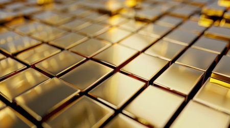 This image showcases a close-up arrangement of shiny golden cubes, reflecting light beautifully. The vivid texture and artistic design create a sense of luxury and elegance.の素材