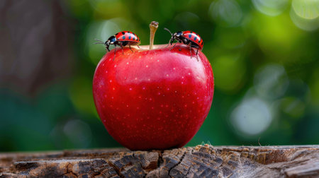 Two ladybugs rest on a shiny red apple, showcasing a delightful contrast against a lush green background, representing nature's simple beauty.の素材