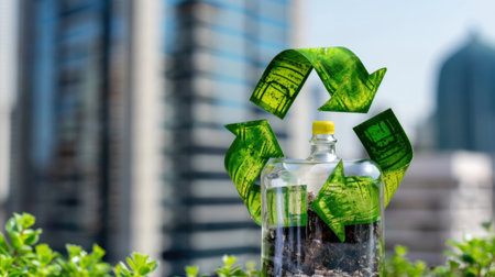 An artistic representation of recycling featuring a bottle, green arrows, and vibrant plants against a cityscape, highlighting the importance of sustainability and eco-awareness.の素材