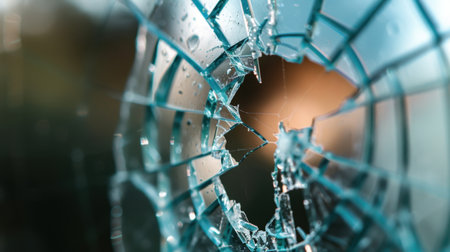 This close-up image captures a detailed view of broken glass, showcasing delicate shattered fragments and reflections that evoke a sense of fragility and danger.の素材