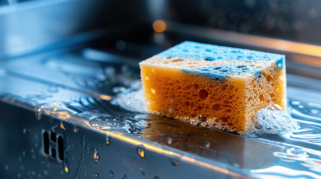 This image showcases a colorful sponge resting on a gleaming silver sink. Bubbles and water droplets create a refreshing atmosphere, highlighting cleaning utilities.の素材