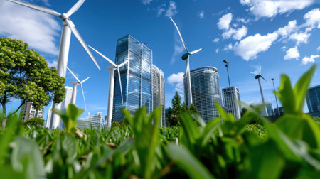 A vibrant modern cityscape showcasing wind turbines alongside sleek office buildings, set against a bright blue sky and lush greenery below.の素材