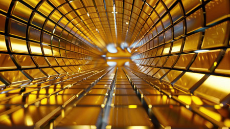 This image presents an abstract view of a golden tunnel, showcasing reflective surfaces that create a mesmerizing illusion of light and depth. Ideal for technology and design projects.の素材
