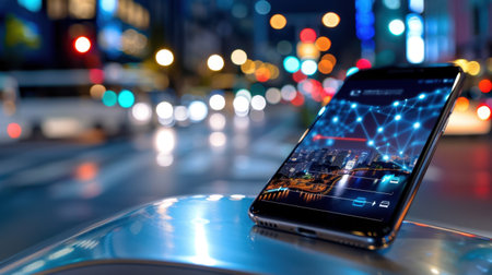 A sleek smartphone displays a vibrant network connection graphic, perched on a reflective surface at night amidst a bustling city backdrop with colorful lights.の素材