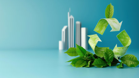 This image illustrates a sustainable urban environment featuring green leaves and a recycle symbol against a blue backdrop, highlighting eco-awareness.の素材