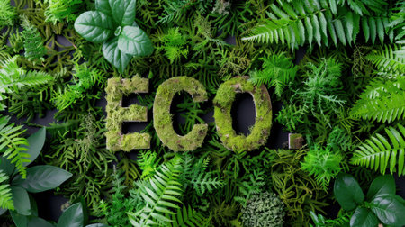 A vibrant display of lush greenery featuring moss-covered letters spelling "ECO", symbolizing a commitment to nature and sustainability in a tranquil setting.の素材
