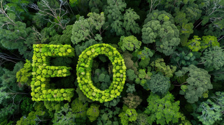 This aerial image showcases a vibrant green forest with the letters E and O creatively formed by lush trees, highlighting the harmony of nature.の素材