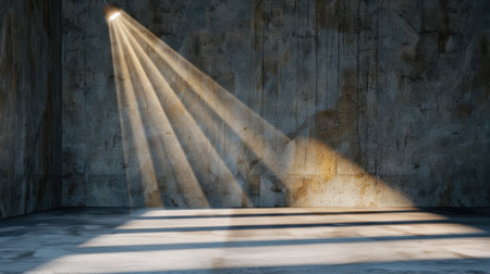 This image features mesmerizing light rays streaming into an empty concrete room. The textured walls and floor create an artistic atmosphere, perfect for interior design themes.の素材