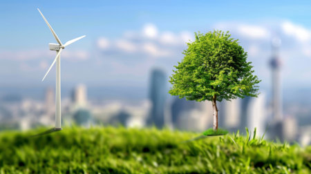 A striking image featuring a wind turbine and a vibrant tree set against a softly blurred urban skyline, symbolizing harmony between nature and technology.の素材