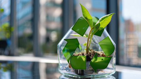 A vibrant plant thrives in a glass greenhouse, complemented by a prominent recycling symbol, emphasizing the importance of sustainability in modern practices.の素材