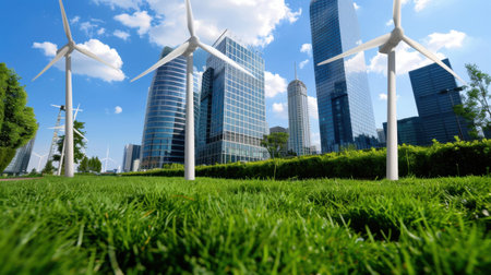 This image showcases a modern urban skyline featuring prominent wind turbines, lush green grass, and a vibrant blue sky, emphasizing sustainability and renewable energy.の素材