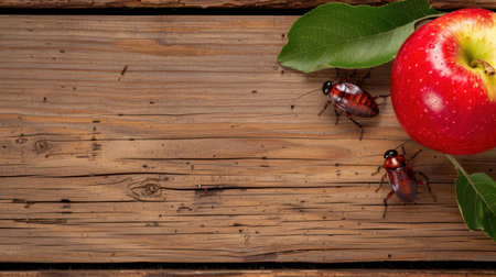 A vibrant red apple sits on a rustic wooden table, accompanied by crawling insects. The composition highlights natural elements and agricultural details. Perfect for food and nature themes.の素材