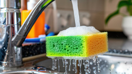 A colorful sponge drips with water in a well-kept kitchen, highlighting the joys of cleaning and maintaining a tidy living space. The bubbles create an inviting atmosphere.の素材