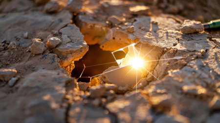 A stunning image capturing the sun's bright light breaking through a cracked earth surface, showcasing beautiful textures and warm colors.の素材