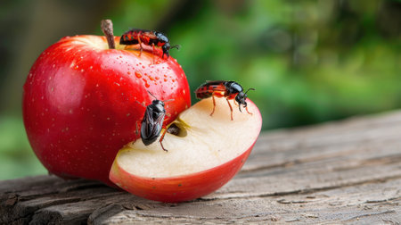 A vibrant red apple sits on a rustic wooden surface, featuring insects exploring its surface, capturing the delicate balance of nature and fruit life.の素材