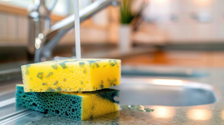 Bright yellow and blue sponges are positioned under running water from a modern kitchen faucet, illustrating the importance of hygiene in daily cleaning tasks.の素材