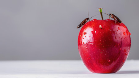 This high-quality image showcases a glossy red apple adorned with insects on top, perfect for conveying themes of nature, freshness, and culinary creativity.の素材