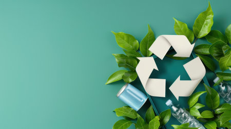 This image showcases a vibrant recycling concept featuring fresh green leaves and recyclable materials, illustrating the importance of sustainable practices for a healthier planet.の素材