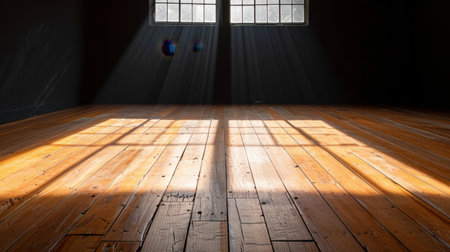 This image captures sunlight streaming through large windows, creating dramatic shadows on a polished wooden floor in a serene and empty room.の素材