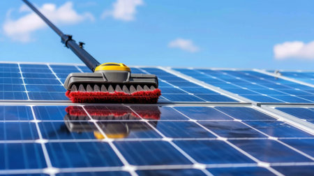 A close-up view of a cleaning brush on solar panels under a bright blue sky, emphasizing the importance of maintaining solar energy systems for optimal function.の素材