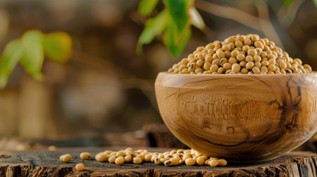 A beautiful close-up of raw soybeans resting in a intricately carved wooden bowl. The soft natural lighting enhances the textures, while green leaves add a refreshing touch, showcasing a perfect blend of nature and food.の素材