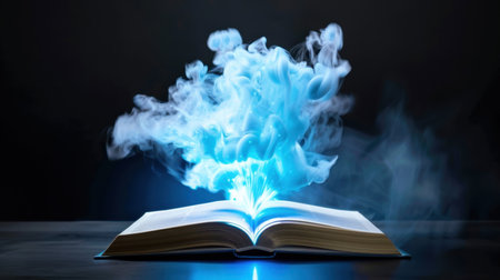 An open book illuminated by enchanting blue light and wrapped in mysterious smoke creates a captivating atmosphere of knowledge and imagination.の素材