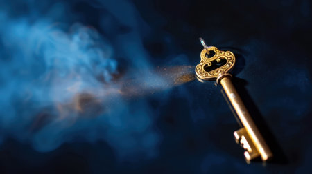 An enchanting antique golden key emerges from swirling blue smoke against a dark backdrop, symbolizing secrets and the allure of exploration.の素材