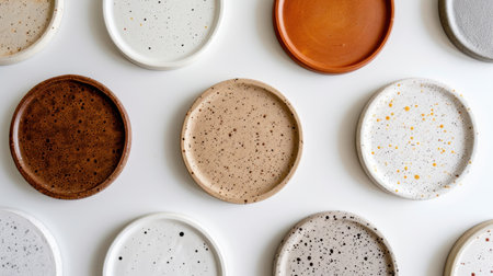 A visually appealing arrangement of various ceramic plates showcasing unique colors and textures on a clean white background, perfect for artistic projects.の素材